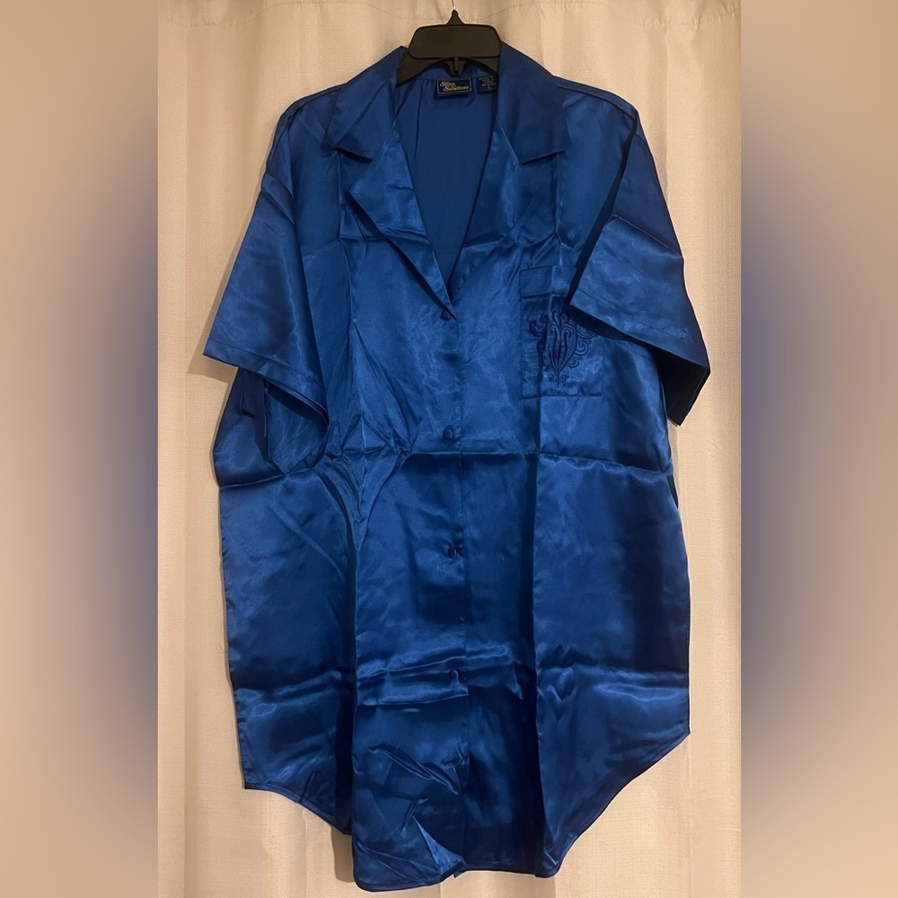 Sleep Solutions Royal Blue Satin Button-Front Lounge Shirt Size L